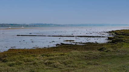 Rural scenic riverbank with hazy horizon