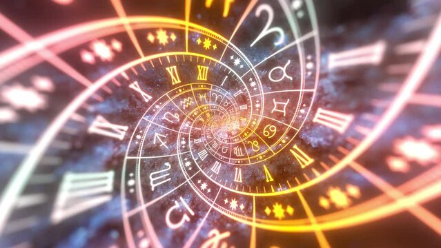 Zodiac spiral and signs of the zodiac in space. Astrology, horoscopes and prediction of the future concept. Animation in yellow color. Seamless loop. Elements of this footage furnished by NASA.
