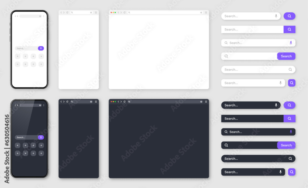 Poster smartphone, blank internet browser window with various search bars. web site engine with search box,