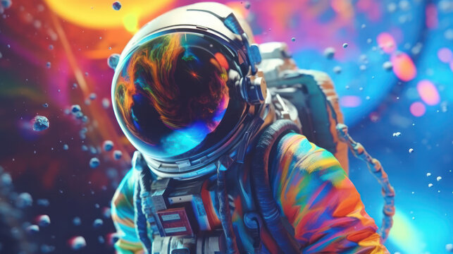 An astronaut explores a colorful reality of spacetime.