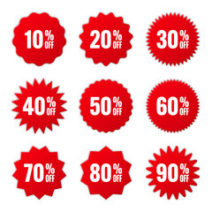Price tags collection, special offer or shopping discount label with percent, discount percentage value. Red retail paper sticker. Promotional sale badge. Vector illustration