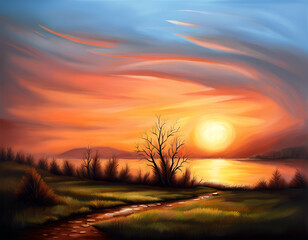 Obraz premium Beautiful landscape, outdoor natural background, colorful original painting