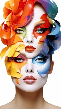 a woman with colorful makeup on her face. Generative AI Art.