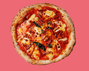craft pizza with mozzarera on a red background for a restaurant website, studio shooting