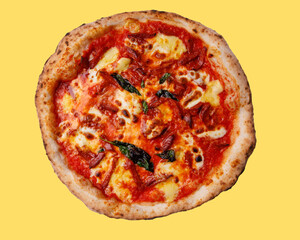 craft pizza with mozzarera on a yellow background for a restaurant website, studio shooting