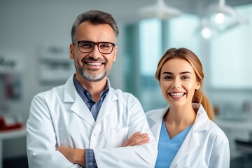 Male and female doctor standing in clinic, representing dedicated healthcare professionals. Healthcare-related designs and medical clinic concept.