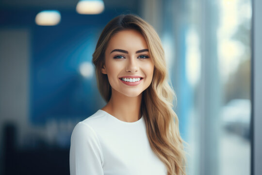 A portrait of an attractive young woman with a captivating smile, representing a confident office professional.