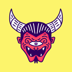 Devil head with one eye, illustration for t-shirt, sticker, or apparel merchandise. With doodle, retro, and cartoon style.