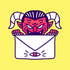 Demon holding one eye envelope, illustration for t-shirt, sticker, or apparel merchandise. With doodle, retro, and cartoon style.