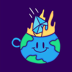 Diamond falling into earth planet cup, illustration for t-shirt, sticker, or apparel merchandise. With doodle, retro, and cartoon style.