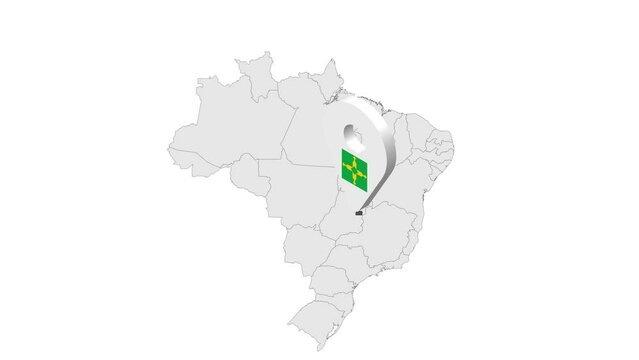 Location Federal District on map Brazil. 3d Federal District flag map marker location pin. Map of  Brazil showing different parts. Animated map States of Brazil. 4K.  Video