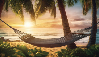 Hammock beetwin palm trees with beautiful view on the seashore beach at sunset.