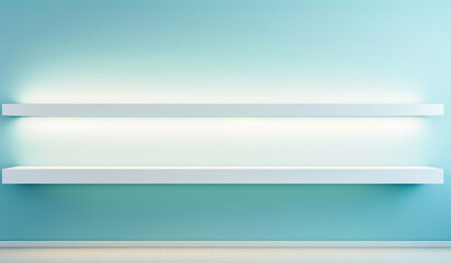 Obraz premium A frontal perspective of a wall-mounted rack with backlighting against a soft green backdrop, casting shadows.... Ai generation