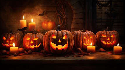 Creepy Halloween pumpkins with candles create an eerie atmosphere. Spooky season of frightful delights.