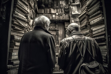 Illustration of an old man with his back turned to a pile of old books. Old man imagining how much knowledge he has acquired over the years. Generative AI