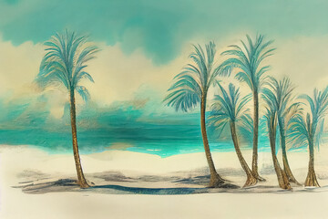 Fototapeta na wymiar Seven palm trees grow on the sand against the backdrop of the sea and clouds. Tourism and rest. AI-generated