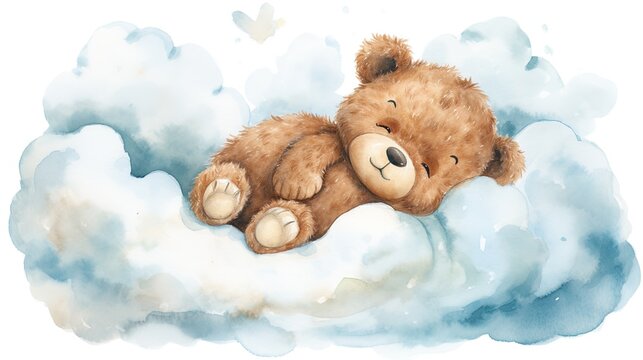 Naklejki Cute teddy bear sleeps on a cloud, watercolor on a white isolated background. Generative AI