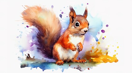Watercolor cute squirrel in paints on a white background. Generative AI