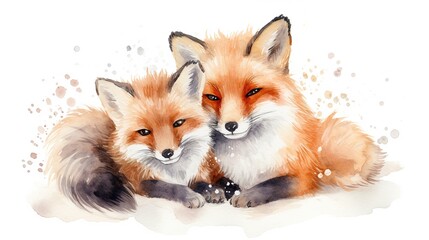 Two watercolor foxes walking on a white background. Generative AI