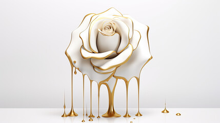 white rose dripping gold on white floor over white Valentines day card background