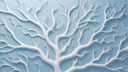 White tree with shadow over light blue background, 3D winter  tree.