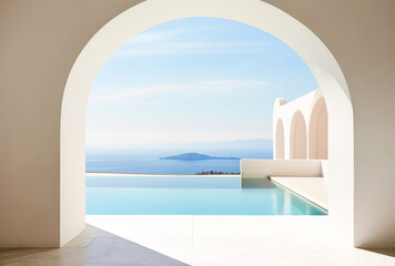 Fototapeta na wymiar Discover a harmonious blend of sea and architecture on this white light patio. The rounded design elements enhance the connection with the mesmerizing ocean.. Ai generation
