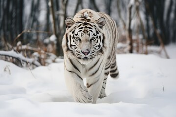 Fototapeta na wymiar Snowy Majesty: White Tiger Roaming the Tundra