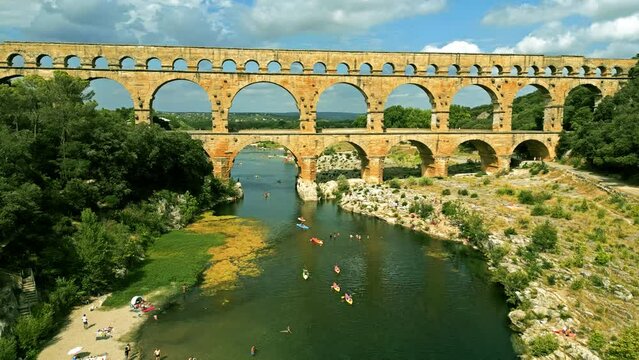 Aerial shot of famous Pont du Gard, the Roman aqueduct bridge of Nimes over the Gardon River. France