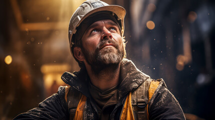 Hard working construction man with hard hat looking at camera, AI Generated