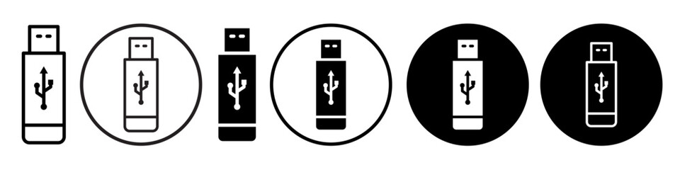 Usb symbol Icon. Removable pen drive socket vector set collection. Flat outlined flash backup device to save data and information. Sign of portable cable for file sharing storage memory stick web icon