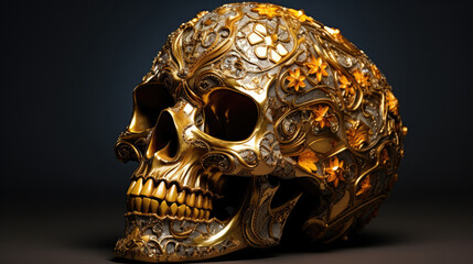 Engraved ornamental patterns on golden gold skull isolated on black background