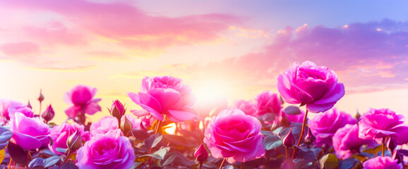 Fototapeta premium Delicate pink purple roses in the form of a wide long background in the sun. with bokeh. Ai generation