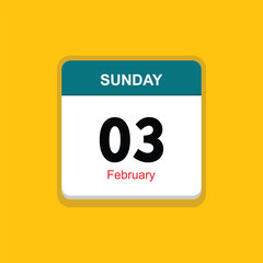 february 03 sunday icon with yellow background, calender icon