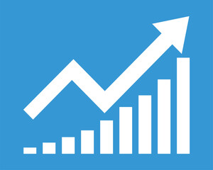 Graph data with an upward stepping arrow. Growth Bar white stairs step to growth success vector illustration on blue. Progress way and forward achievement creative concept. Bar graph of white bars.