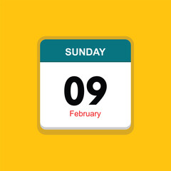 february 09 sunday icon with yellow background, calender icon