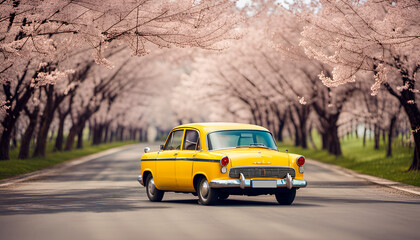 Imagem de carro antigo amarelo em estrada cercada por cerejeiras criado com inteligência artificial
