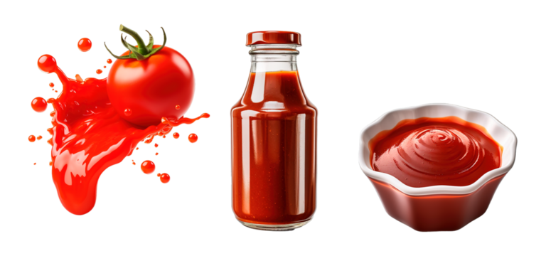 Tomato splash, bottled tomato sauce and sauce served on small pot on isolated transparent background