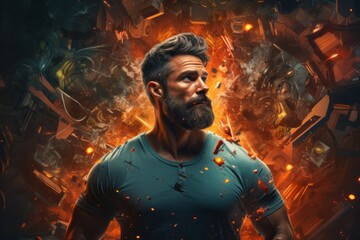 A dynamic web banner featuring a creative and muscular man showcasing his physical strength, surrounded by futuristic technology elements. Generative Ai