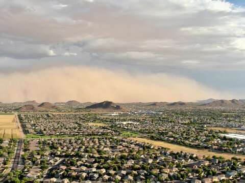 An ominous Haboob approaching a suburban Phoenix neighborhood. A Haboob is otherwise known as a &lsquo;dust storm&rsquo;. 