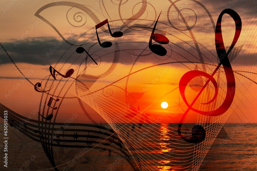 Poster Beautiful musical notes on sunset sky background