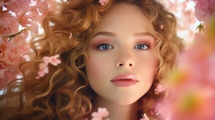 Obraz premium Face of playful and cheerful young woman among the flowers. Generative AI