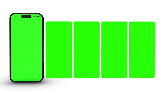 iPhone with Multiple apps blank green screen, isolated on white background. HD animation for presentation on mockup screen	