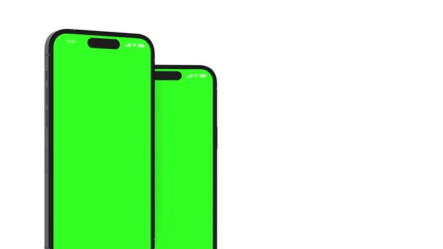 Multiple iPhone with blank green screen, isolated on white background. HD animation for presentation on mockup screen	