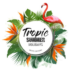 Summer Holiday Background With Tropical Plants And Coloful Flowers and Flamingo. Vector