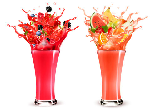 Pink berry juice splash. Whole and sliced strawberry, raspberry, cherry blueberry and lychee in a sweet juce or cocktail with splashes and drops isolated in glasses. 3D. Vector.