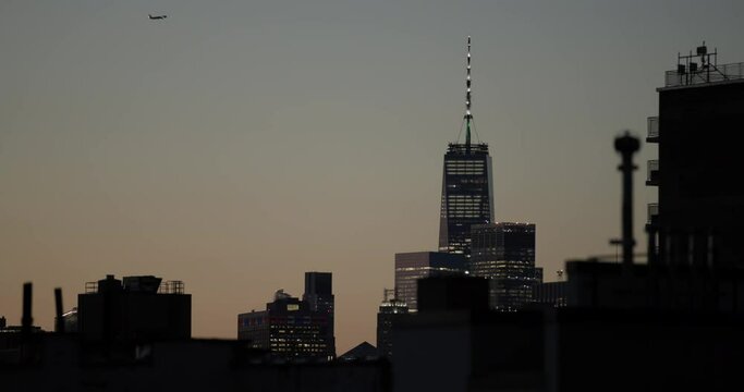 New York skyline from Brooklyn rooftop at sunset
