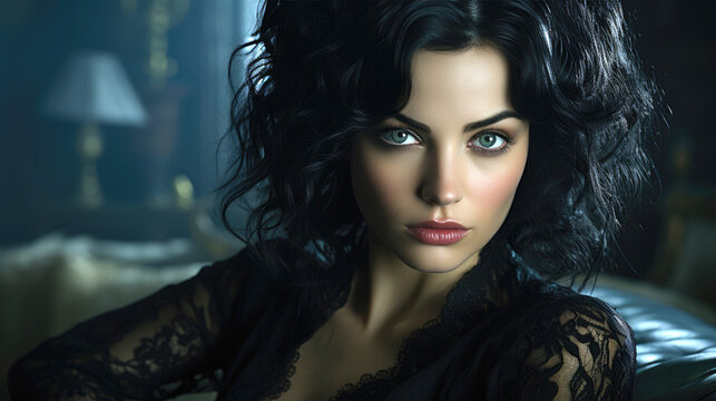 Female vampire with green eyes. Generative AI