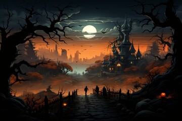 A digital illustration of a spooky Halloween night, a group of kids wandering through a misty graveyard. Carry glowing jack-o'-lanterns and cautiously explore the eerie tombstones. Generative Ai