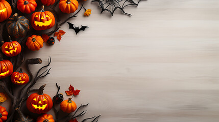 3D style white wooden background Halloween pumpkin with copy space