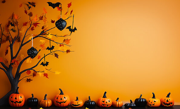 3D style orange background Halloween pumpkin with copy space